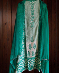 Muslin Mirror Work Unstitched Suit (Green)