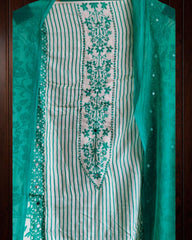 Muslin Mirror Work Unstitched Suit (Green)