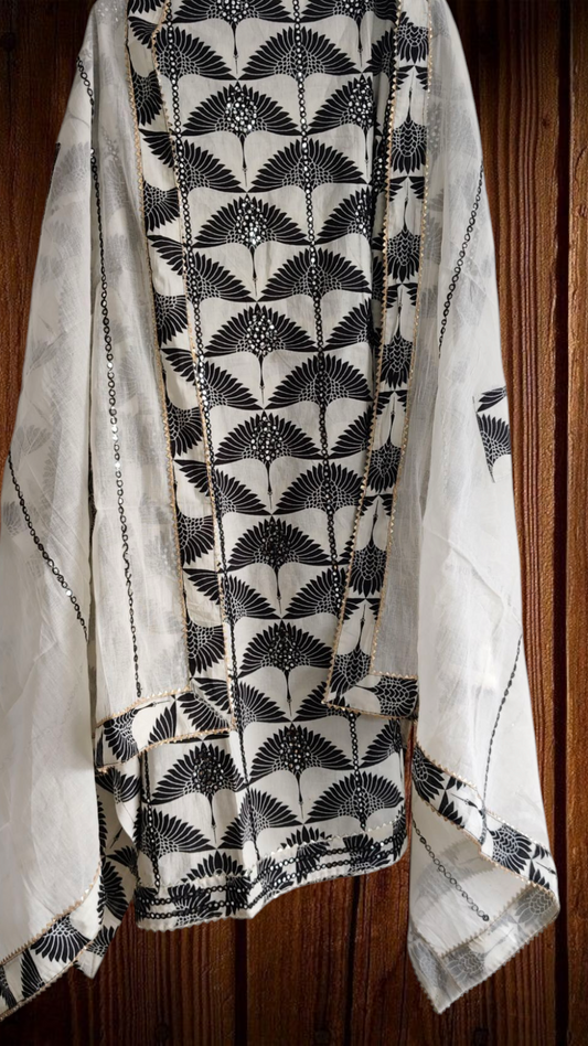 Pure Cotton Unstitched Suit Set with Faux Mirror & Gota Work