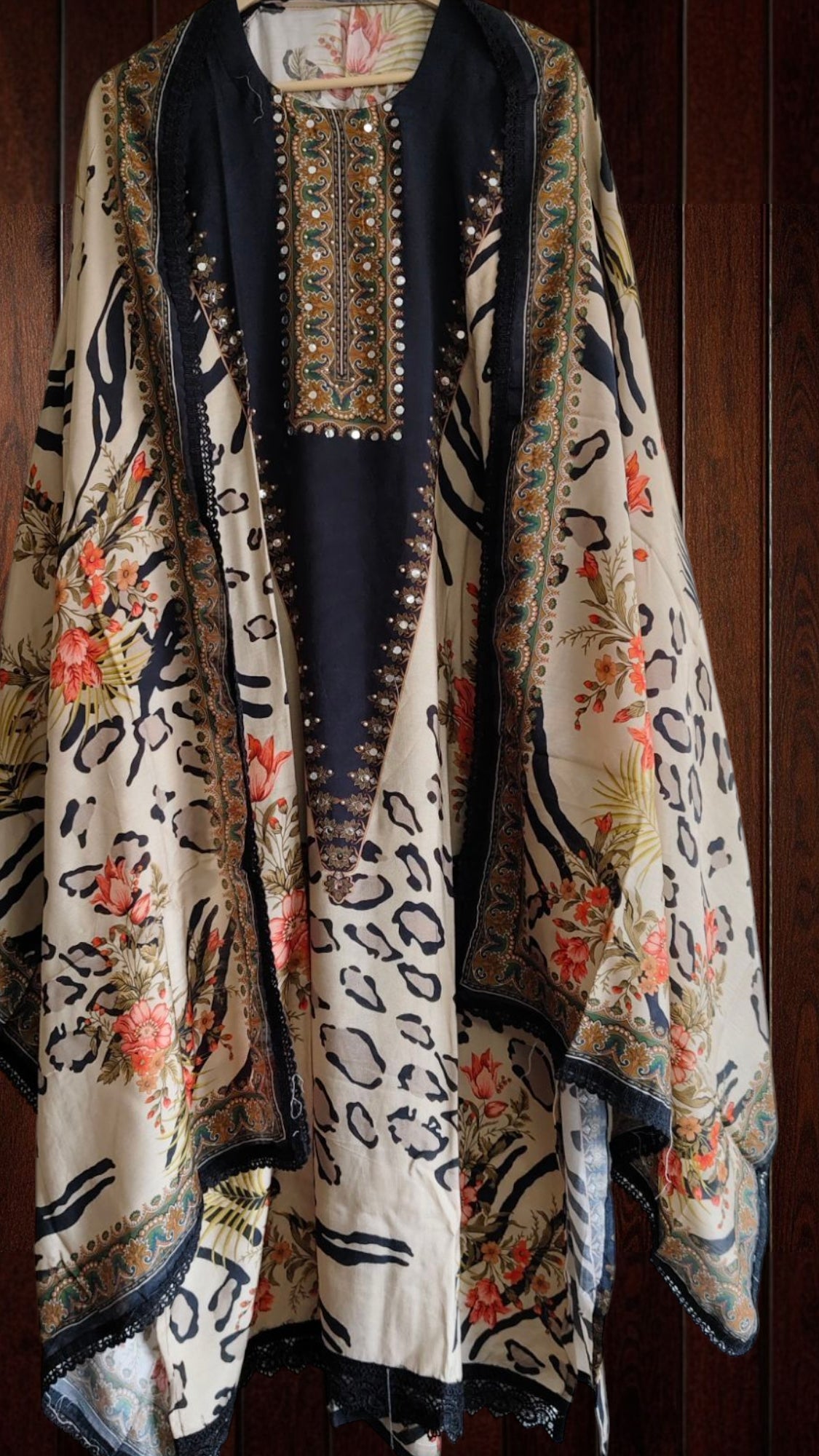 Muslin Digital Printed Semi-Stitched Suit with Mirror Work & Croatia Lacing