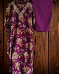 Chanderi Floral Digital Print Kurta Set with Organza Scalloped Dupatta – 3-Piece Fully Stitched Suit