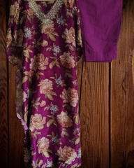 Chanderi Floral Digital Print Kurta Set with Organza Scalloped Dupatta – 3-Piece Fully Stitched Suit