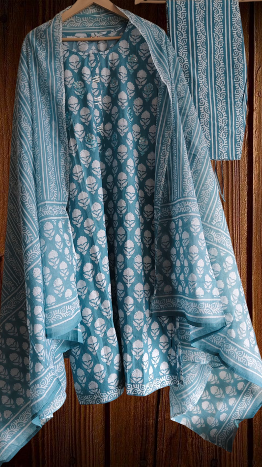 Cotton Printed Fully Stitched 3-Piece Suit with Gota Work Highlights & Dupatta