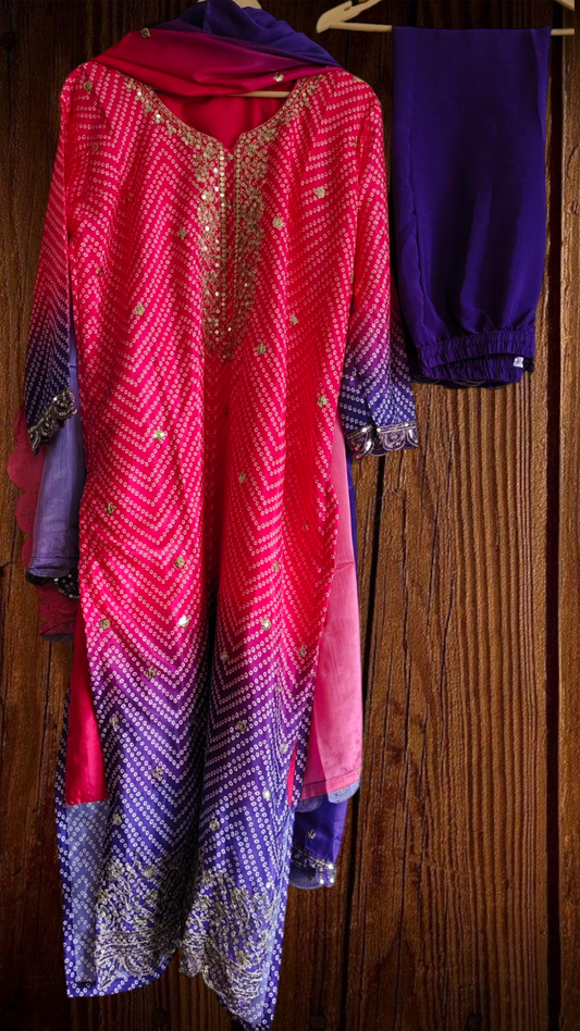 Chinnon Ombre Digital Printed 3-Piece Fully Stitched Suit with Sequin Embroidery & Shantoon Pants