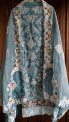 Elegant Embroidered Unstitched Suit – Cotton Kurta with Organza Daman & Soft Dupatta