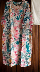 Chanderi Floral Digital Print Kurta Set with Organza Scalloped Dupatta – 3-Piece Fully Stitched Suit