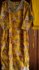 Chanderi Floral Digital Print Kurta Set with Organza Scalloped Dupatta – 3-Piece Fully Stitched Suit