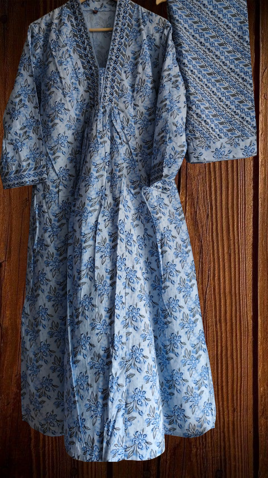 Cotton Printed Suit Set with Faux Mirror Work – Fully Stitched 3PC Set