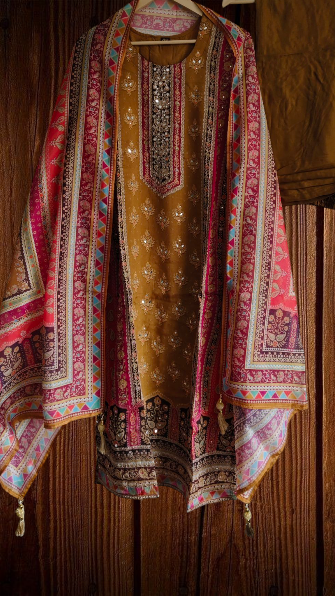 Organza Digital Printed Kurta Set with Mirror Highlighting & Shantoon Pant – Fully Stitched 3-Piece Suit