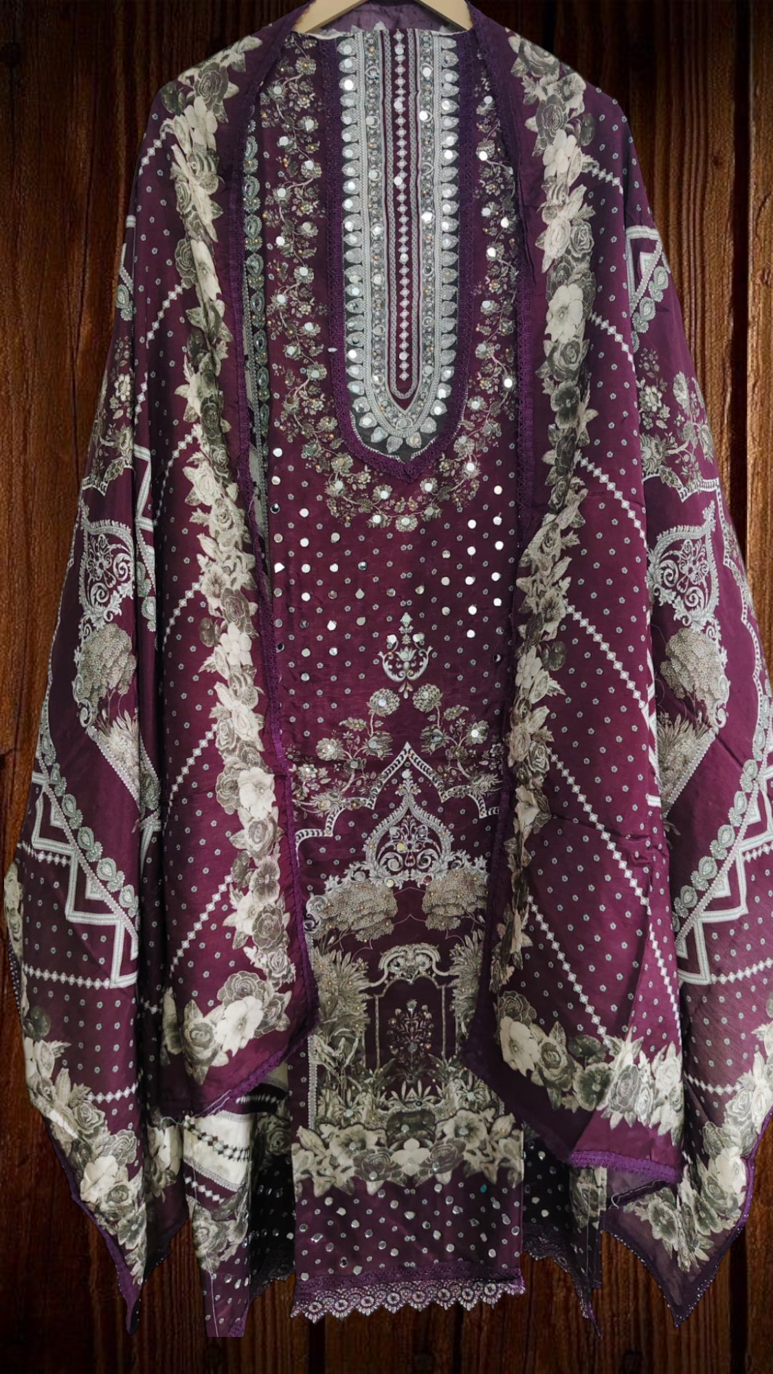 Muslin Digital Print Semi-Stitched Suit with Mirror Highlighting & Lacing – 3 Pc Set