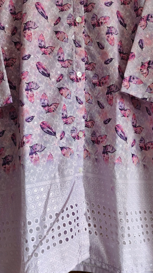 Lavender Butterfly Print Cotton Co-Ord Set with Eyelet & Sequin Detailing – 2 Pc Shirt & Pant