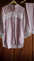 Elegant Muslin Co-Ord Set with Croatia Lacing – 2 Pc Shirt & Pant Set