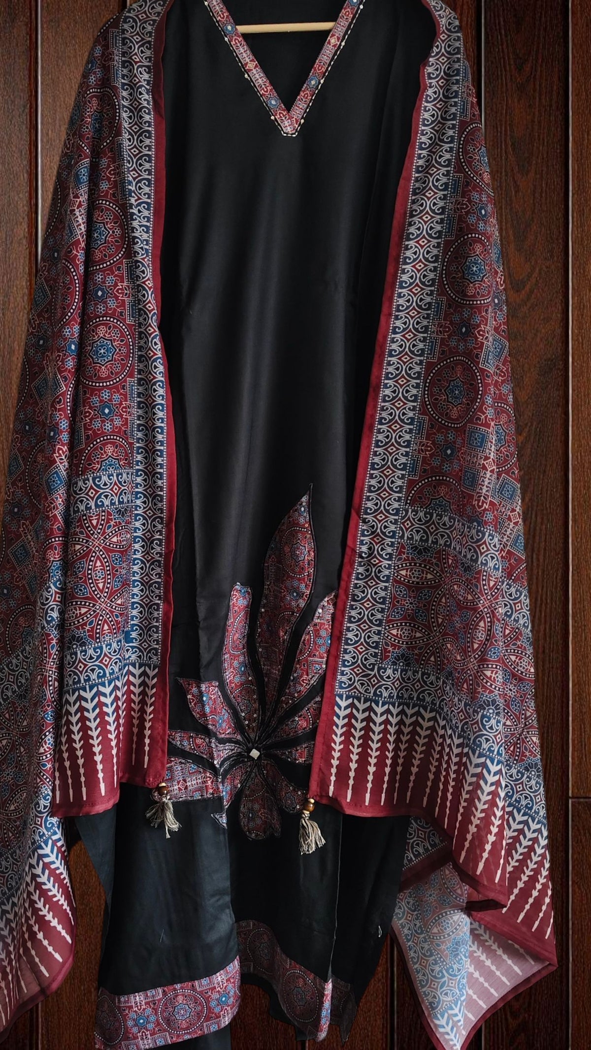 Rayon Unstitched Kurta with Applique & Kantha Work and Muslin Dupatta