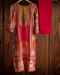 Muslin Digital Printed Kurta Set with Mirror Highlighting & Shantoon Pant – Fully Stitched 3-Piece Suit