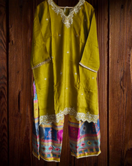Muslin Zari Work Kurta with Digital Printed Garara & Dupatta – Fully Stitched 3 Pc Set