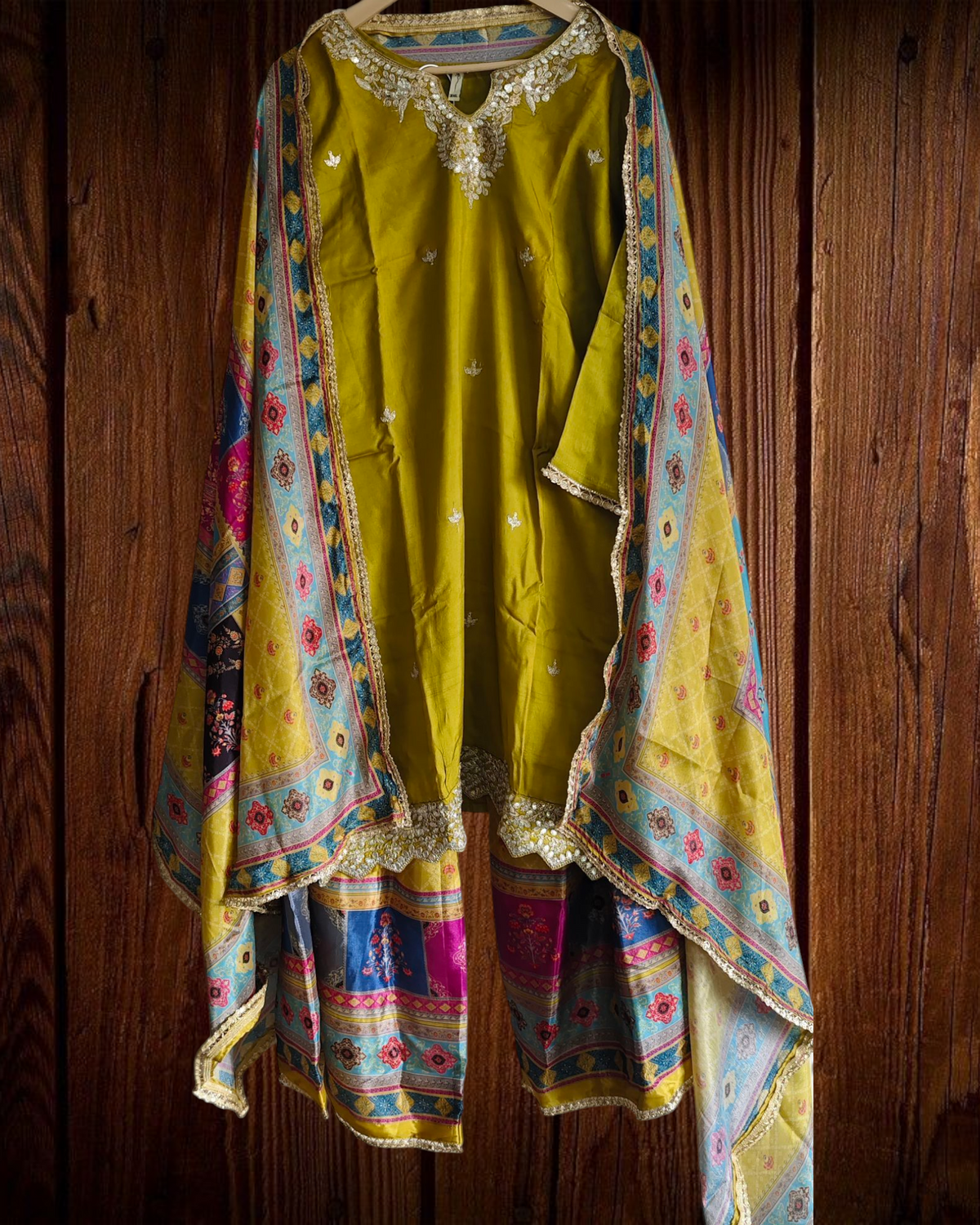 Muslin Zari Work Kurta with Digital Printed Garara & Dupatta – Fully Stitched 3 Pc Set