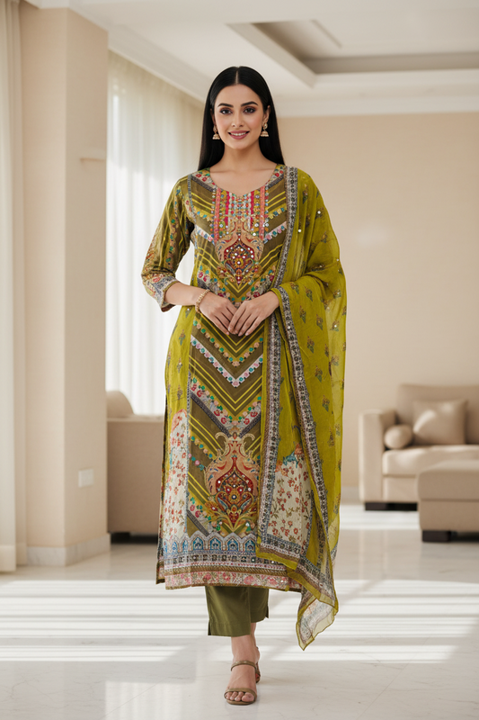 🌷 Organza Mirror Work Digital Print Suit with Chiffon Dupatta – Unstitched 3 Pc Set