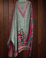 Pure Cotton Mirror Work Printed Suit with Chiffon Digital Dupatta – Unstitched 3 Pc Set