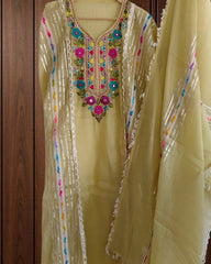 Soft Mul Chanderi Suit with Embroidery, Mirror & Gotta Work | Mul Chanderi Dupatta | Unstitched Set