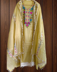 Soft Mul Chanderi Suit with Embroidery, Mirror & Gotta Work | Mul Chanderi Dupatta | Unstitched Set
