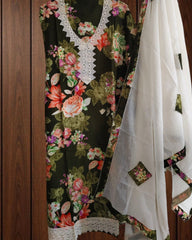 Pure Cotton Suit with Neck Work & Croatia Lace | Cotton Appliqué Dupatta | Unstitched Elegance