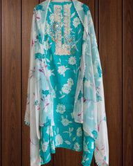 Pure Cotton Floral Print Kurta with Mirror & Croatia Lace | Chiffon Dupatta | Unstitched Set (Copy)