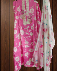 Pure Cotton Floral Print Kurta with Mirror & Croatia Lace | Chiffon Dupatta | Unstitched Set