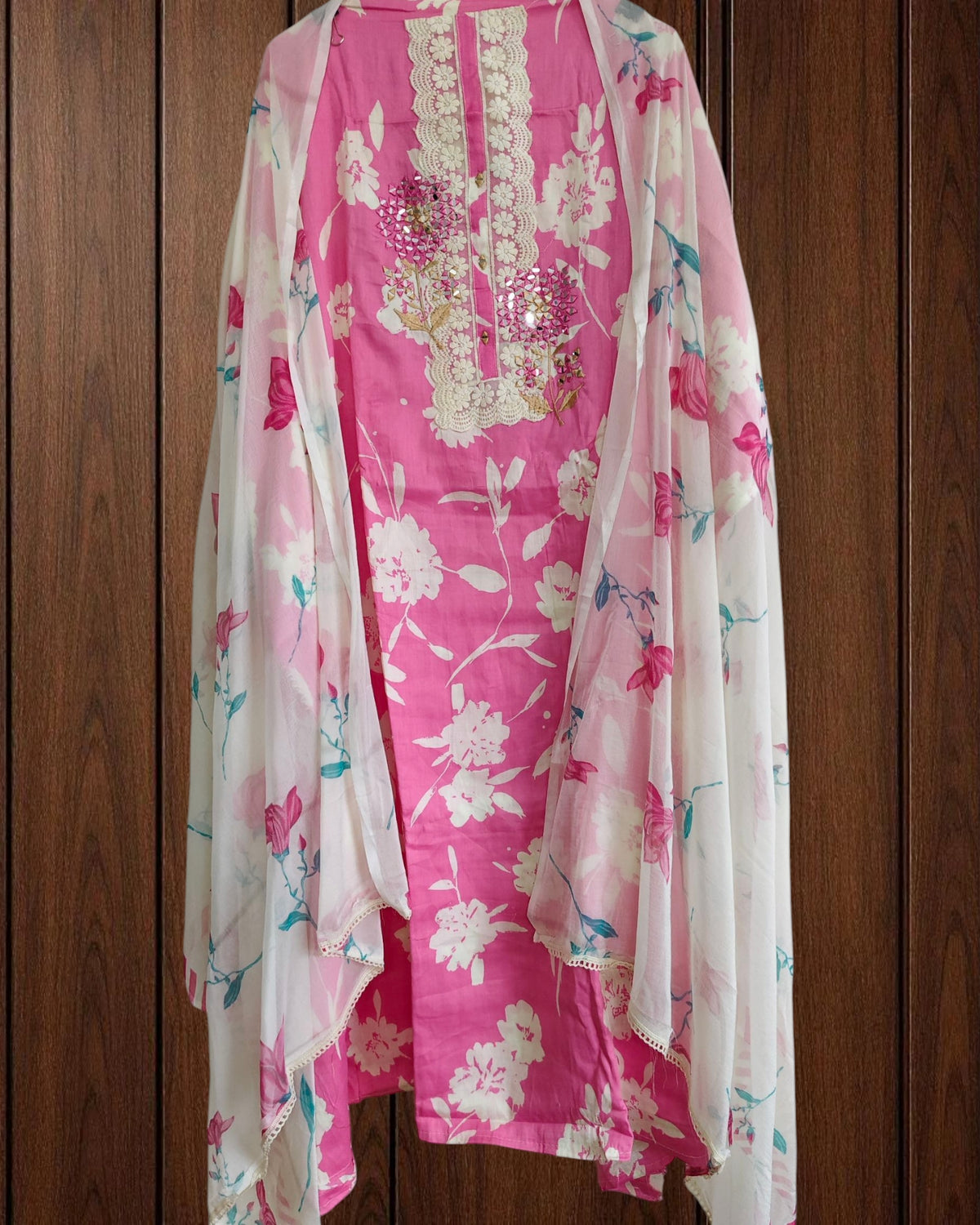 Pure Cotton Floral Print Kurta with Mirror & Croatia Lace | Chiffon Dupatta | Unstitched Set