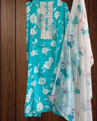 Pure Cotton Floral Print Kurta with Mirror & Croatia Lace | Chiffon Dupatta | Unstitched Set (Copy)