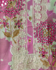 Pure Cotton Floral Print Kurta with Mirror & Croatia Lace | Chiffon Dupatta | Unstitched Set