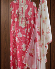Pure Cotton Floral Print Kurta with Mirror & Croatia Lace | Chiffon Dupatta | Unstitched Set