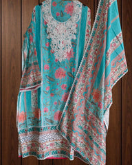 Muslin Digital Print Suit with Croatia & Pearl Work | Semi-Stitched Elegance