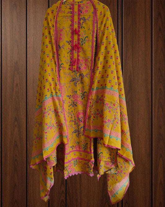 Cotton Pakistani Style Un-Stitched Suit with Crochet Lacing & Printed Dupatta