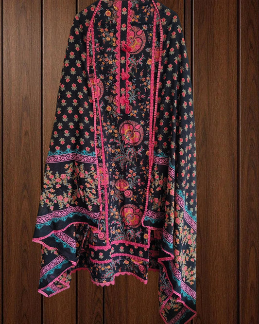 Cotton Pakistani Style Un-Stitched Suit with Crochet Lacing & Printed Dupatta