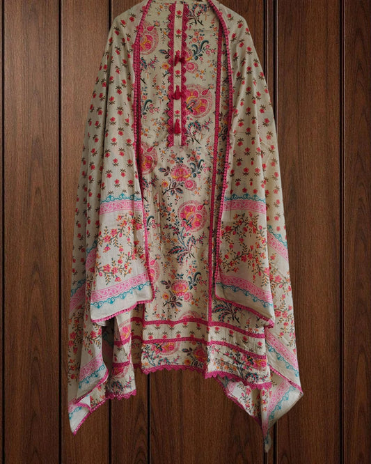 Cotton Pakistani Style Un-Stitched Suit with Crochet Lacing & Printed Dupatta