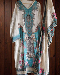 Muslin Pakistani Digital Print Suit with Croatia Net Lacing & Mirror Highlighting – Semi Stitched (3 Pc Set)