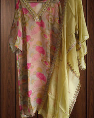 Organza Digital Printed Suit with Neck & Dupatta Work | Semi-Stitched 3-Piece Set