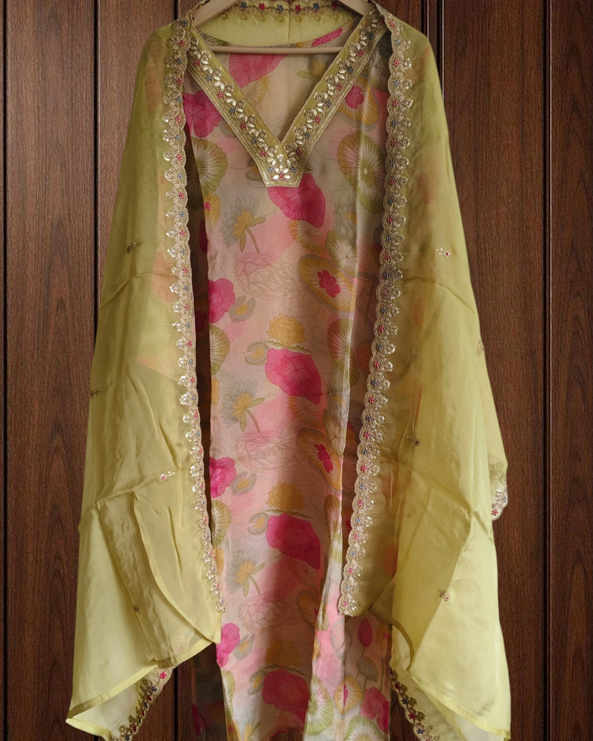 Organza Digital Printed Suit with Neck & Dupatta Work | Semi-Stitched 3-Piece Set