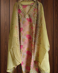 Organza Digital Printed Suit with Neck & Dupatta Work | Semi-Stitched 3-Piece Set