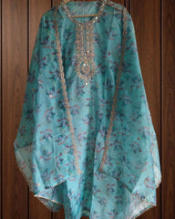 Organza Digital Printed Suit with Neck & Dupatta Work | Semi-Stitched 3-Piece Set
