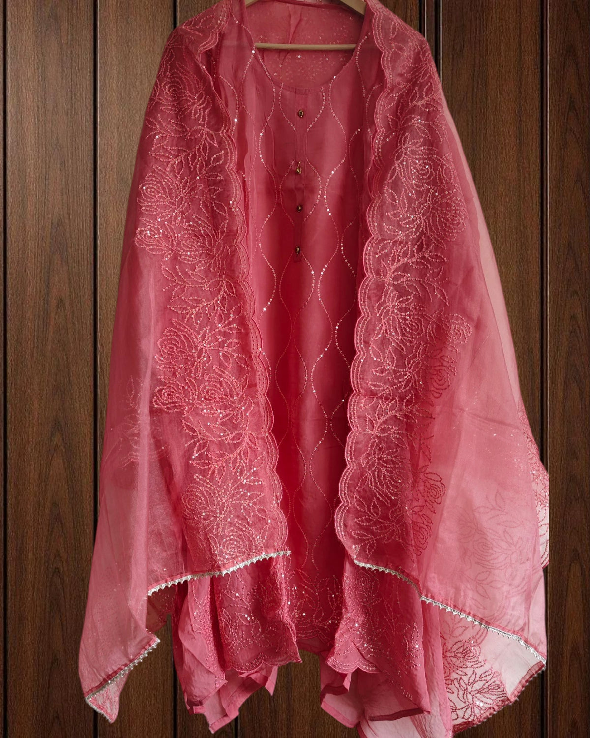Organza Sequence Embroidery Kurta Set with Embroidered Dupatta – Unstitched Suit