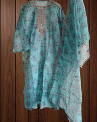 Organza Digital Printed Suit with Neck & Dupatta Work | Semi-Stitched 3-Piece Set