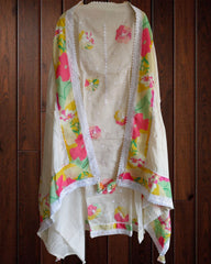 Soft Mul Chanderi Embroidered Suit with Croatia Laced Dupatta | Unstitched Set