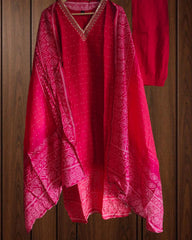 Muslin Digital Printed Ombre 3-Piece Fully Stitched Suit with Hand Work & Shantoon Pants