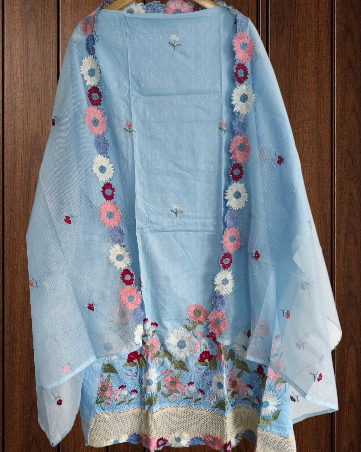 Cotton Embroidered Unstitched Suit with Croatia Lacing & Scalloped Kota Dupatta