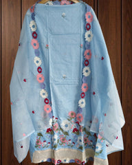 Cotton Embroidered Unstitched Suit with Croatia Lacing & Scalloped Kota Dupatta
