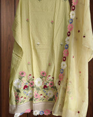 Cotton Embroidered Unstitched Suit with Croatia Lacing & Scalloped Kota Dupatta