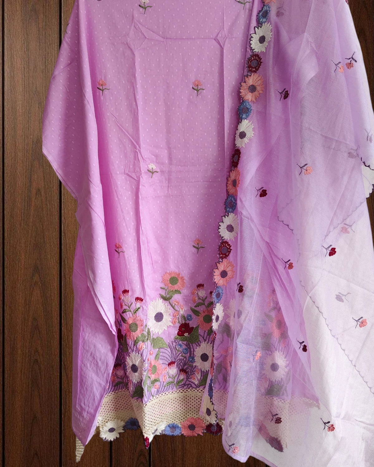 Cotton Embroidered Unstitched Suit with Croatia Lacing & Scalloped Kota Dupatta