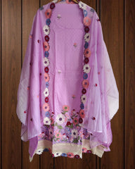 Cotton Embroidered Unstitched Suit with Croatia Lacing & Scalloped Kota Dupatta