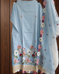 Cotton Embroidered Unstitched Suit with Croatia Lacing & Scalloped Kota Dupatta